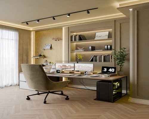 A bright and ergonomically organized home office workspace in Romania featuring natural wooden textures and sunlight